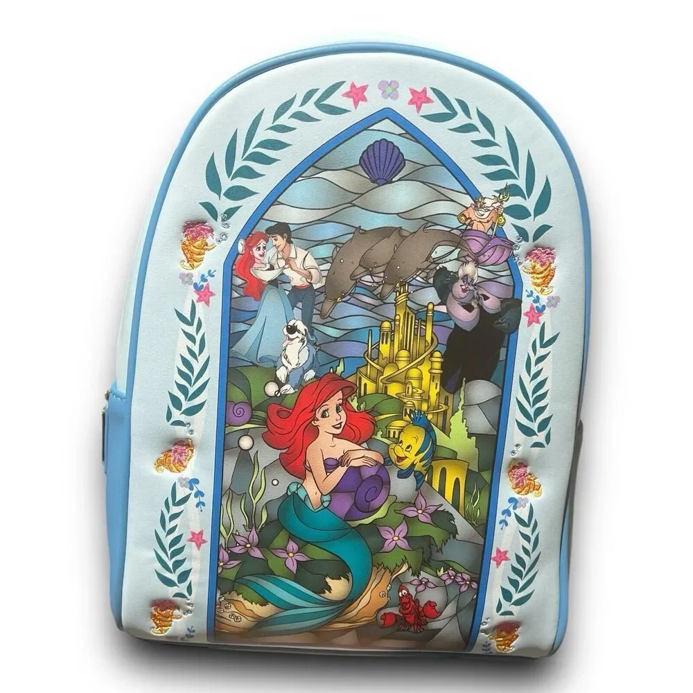 LOUNGEFLY Disney Little Mermaid Stained Glass Backpack Ursula Flounder Ariel - Picture 9 of 9